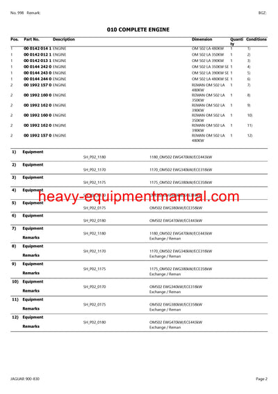 CLAAS JAGUAR 900-830 FORAGE HARVESTER PARTS CATALOG MANUAL (SN: 49200011-49299999)