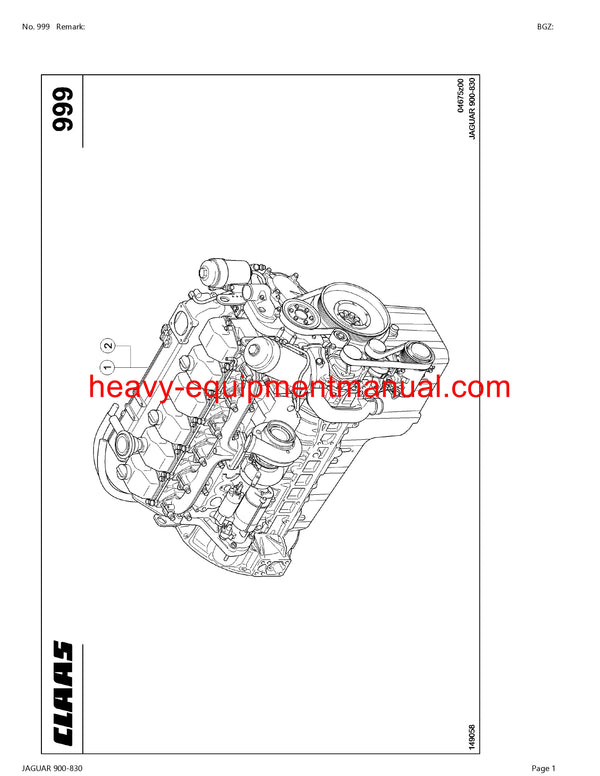 CLAAS JAGUAR 900-830 FORAGE HARVESTER PARTS CATALOG MANUAL (SN: 49200011-49299999)