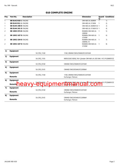 CLAAS JAGUAR 900-830 FORAGE HARVESTER PARTS CATALOG MANUAL (SN: 49300011-49399999)