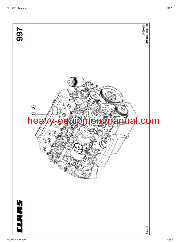 CLAAS JAGUAR 900-830 FORAGE HARVESTER PARTS CATALOG MANUAL (SN: 49300011-49399999)
