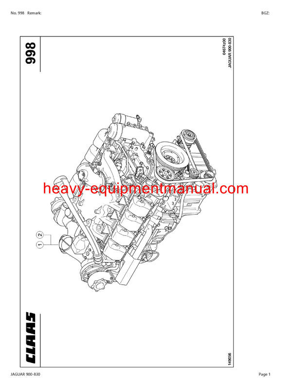 CLAAS JAGUAR 900-830 FORAGE HARVESTER PARTS CATALOG MANUAL (SN: 49300011-49399999)