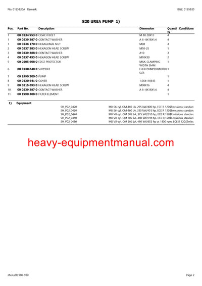 CLAAS JAGUAR 980-930 FORAGE HARVESTER PARTS CATALOG MANUAL (SN: 49400011-42499999)