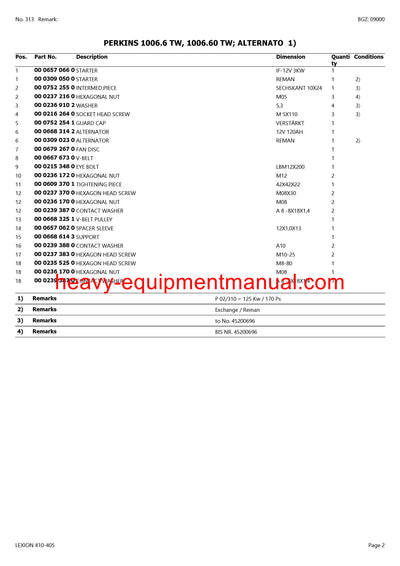 CLAAS LEXION 410-405 COMBINE PARTS CATALOG MANUAL