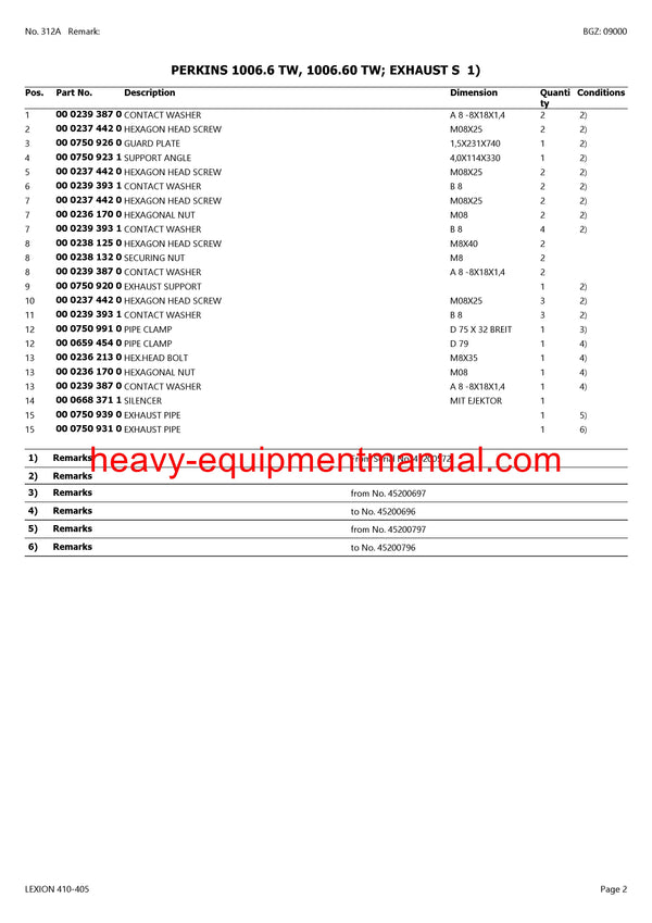 CLAAS LEXION 410-405 COMBINE PARTS CATALOG MANUAL