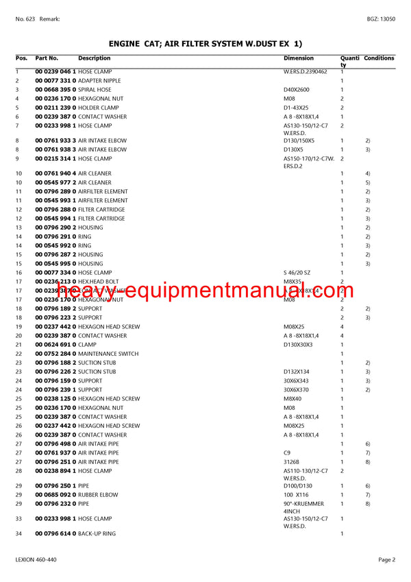 CLAAS LEXION 460-440 COMBINE PARTS CATALOG MANUAL (SN: 54400011-54499999)