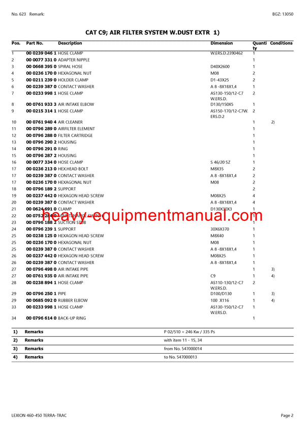 CLAAS LEXION 460-450 TERRA-TRAC COMBINE PARTS CATALOG MANUAL (SN: 54700011-54799999)
