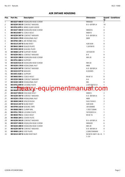 CLAAS LEXION 470 MONTANA COMBINE PARTS CATALOG MANUAL
