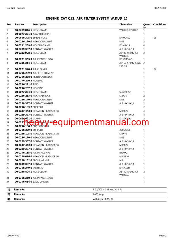 CLAAS LEXION 480 COMBINE PARTS CATALOG MANUAL (SN: 4600001-46699999)
