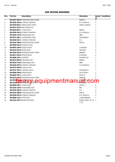 CLAAS LEXION 480 TERRA-TRAC COMBINE PARTS CATALOG MANUAL (SN: 54800011-54899999)