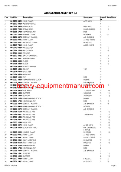 CLAAS LEXION 530-510 COMBINE PARTS CATALOG MANUAL