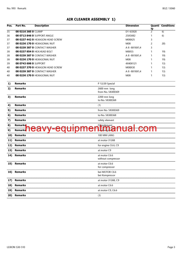 CLAAS LEXION 530-510 COMBINE PARTS CATALOG MANUAL