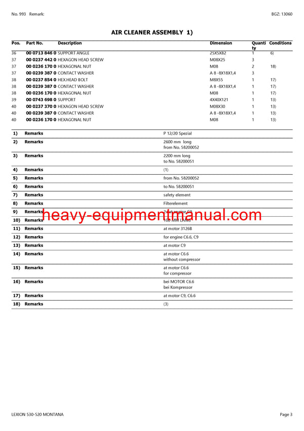 CLAAS LEXION 530-520 MONTANA COMBINE PARTS CATALOG MANUAL