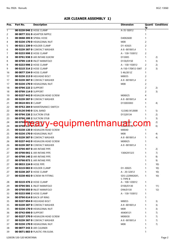 PDF Claas 530 - 520 Lexion Montana Combine Parts Manual