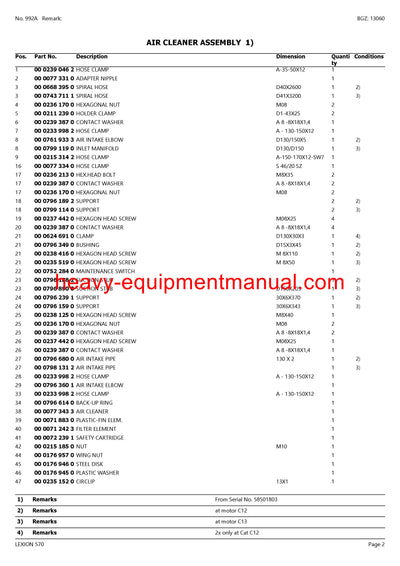 CLAAS LEXION 570 COMBINE PARTS CATALOG MANUAL