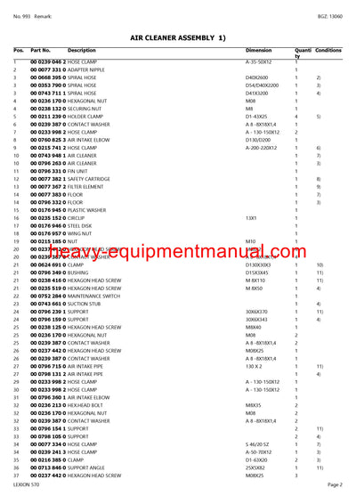 CLAAS LEXION 570 COMBINE PARTS CATALOG MANUAL