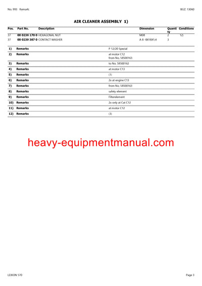 CLAAS LEXION (NORTH AMERICA) 570 COMBINE PARTS CATALOG MANUAL