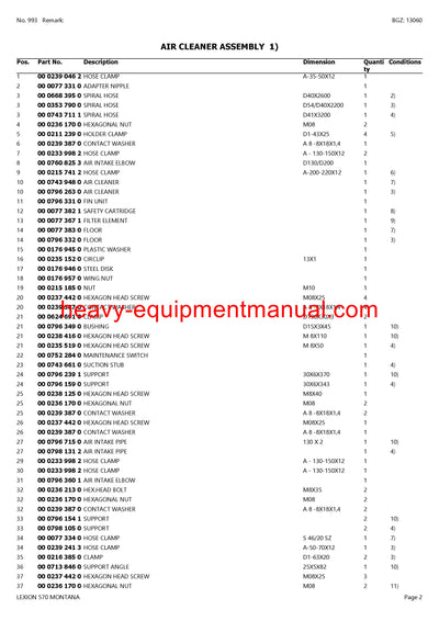 CLAAS LEXION 570 MONTANA COMBINE PARTS CATALOG MANUAL