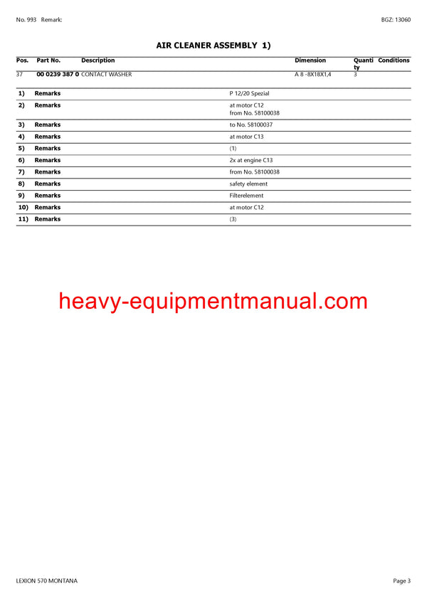 CLAAS LEXION 570 MONTANA COMBINE PARTS CATALOG MANUAL