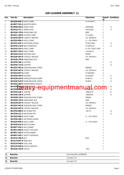 CLAAS LEXION 570 MONTANA COMBINE PARTS CATALOG MANUAL