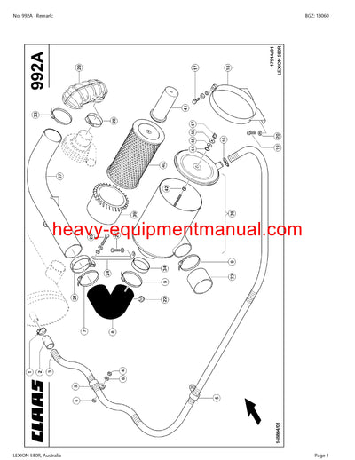 CLAAS LEXION 580R AUSTRALIA COMBINE PARTS CATALOG MANUAL (SN: 58500960-58599999