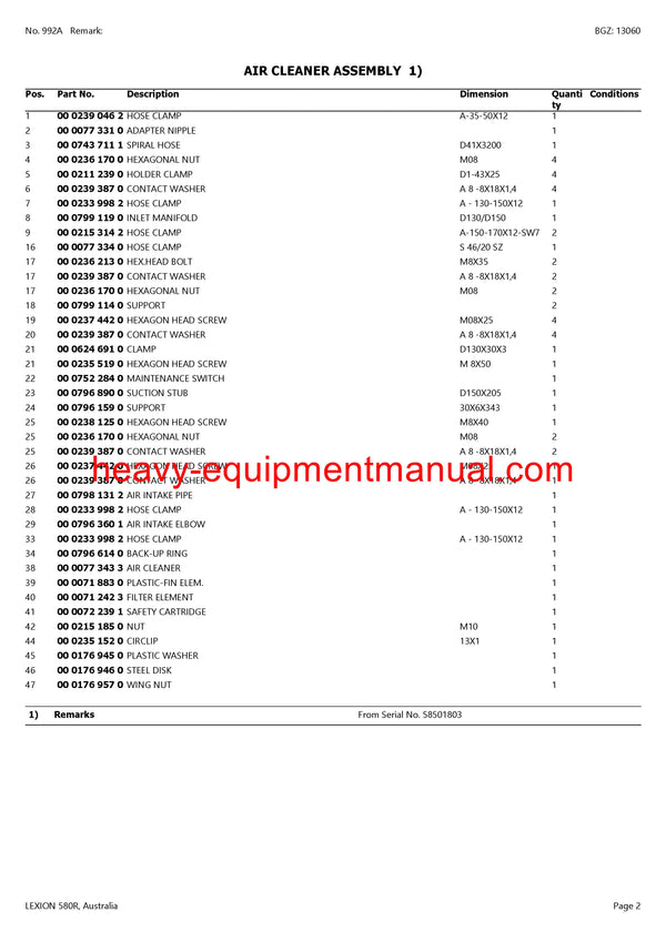 PDF Claas 580R Lexion Combine Parts Manual