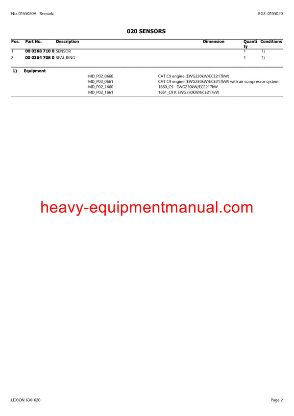 CLAAS LEXION 630-620 COMBINE PARTS CATALOG MANUAL (SN: C7300011-C7399999)