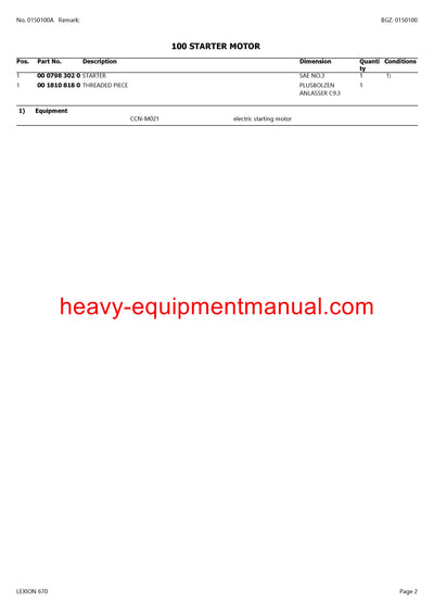 CLAAS LEXION (NORTH AMERICA) 670 COMBINE PARTS CATALOG MANUAL (SN: C6700101-C6799999)