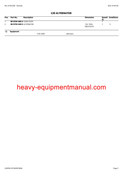 CLAAS LEXION 670 MONTANA COMBINE PARTS CATALOG MANUAL