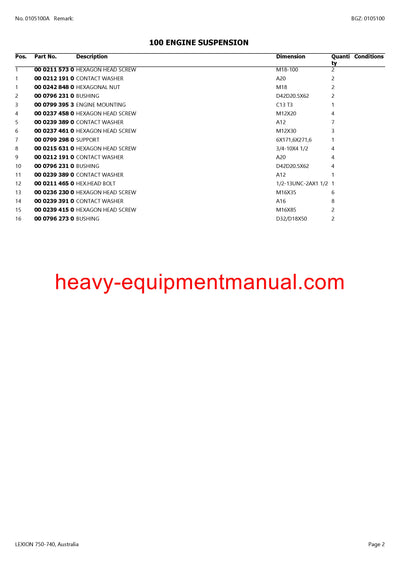 CLAAS LEXION 750-740 AUSTRALIA COMBINE PARTS CATALOG MANUAL