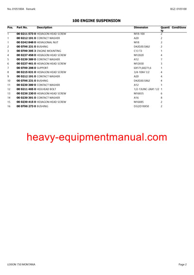 CLAAS LEXION 750 MONTANA COMBINE PARTS CATALOG MANUAL