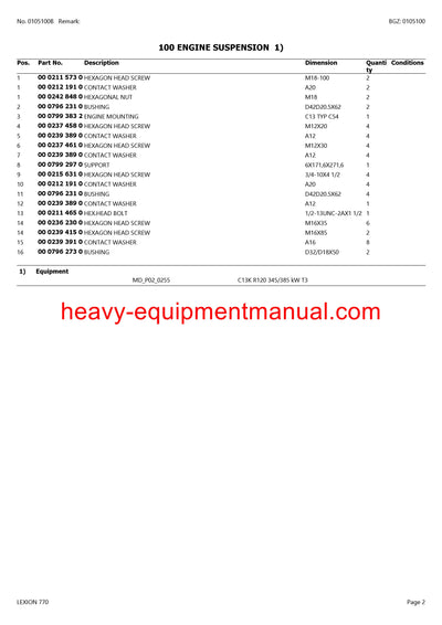 CLAAS LEXION 770 COMBINE PARTS CATALOG MANUAL