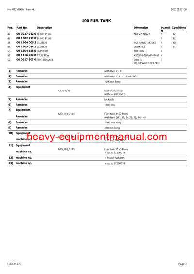 CLAAS LEXION 770 COMBINE PARTS CATALOG MANUAL