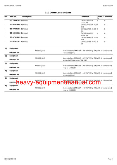 CLAAS LEXION 780-770 COMBINE PARTS CATALOG MANUAL