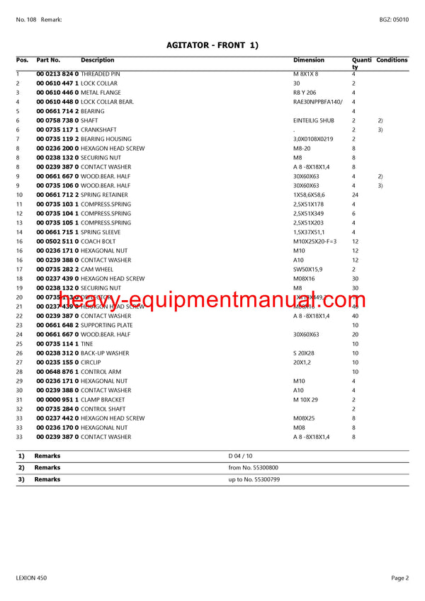 CLAAS LEXION (NORTH AMERICA) 450 COMBINE PARTS CATALOG MANUAL