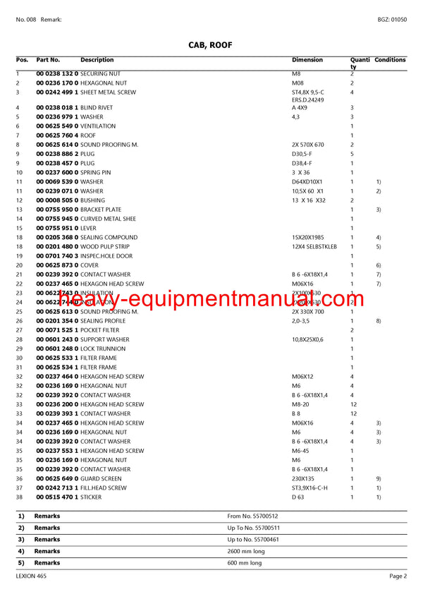 PDF Claas 465 Lexion Combine Parts Manual