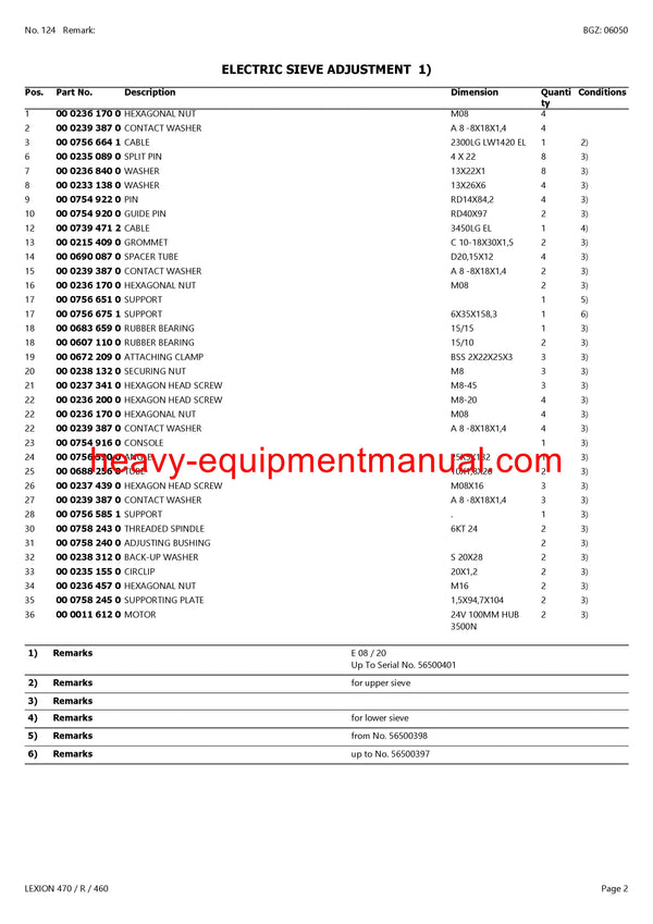 PDF Claas 470R/460 Lexion Combine Parts Manual