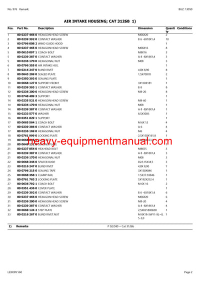 CLAAS LEXION (NORTH AMERICA) 560 COMBINE PARTS CATALOG MANUAL