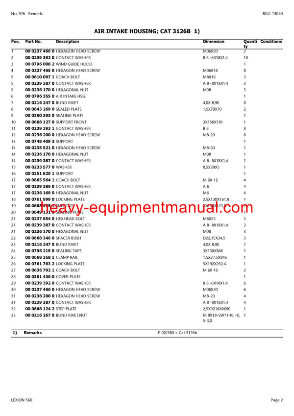 CLAAS LEXION (NORTH AMERICA) 560 COMBINE PARTS CATALOG MANUAL