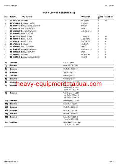 CLAAS LEXION (NORTH AMERICA) 585-560R COMBINE PARTS CATALOG MANUAL (SN: 57800011-57899999)