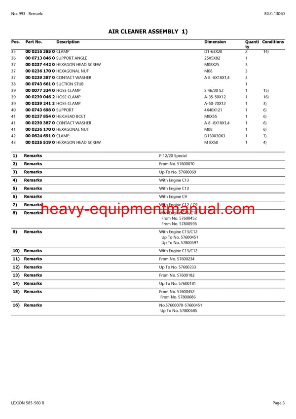 CLAAS LEXION (NORTH AMERICA) 585-560R COMBINE PARTS CATALOG MANUAL (SN: 57800011-57899999)
