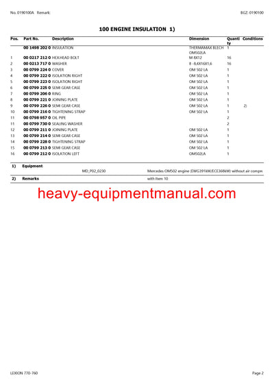 CLAAS LEXION (NORTH AMERICA) 770-760 COMBINE PARTS CATALOG MANUAL