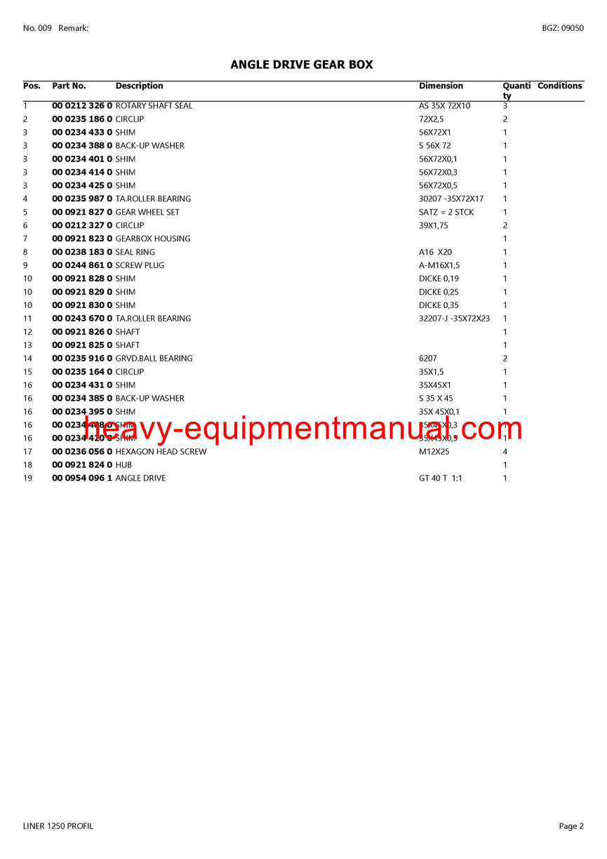 CLAAS LINER 1250 PROFIL SWATHER PARTS CATALOG MANUAL SN 60801001-60899999