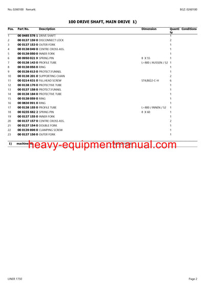 CLAAS LINER 1750 SWATHER PARTS CATALOG MANUAL SN G0101001-G0199999
