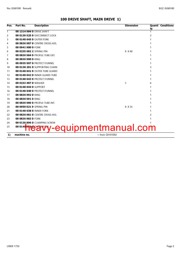 CLAAS LINER 1750 SWATHER PARTS CATALOG MANUAL SN G0101001-G0199999