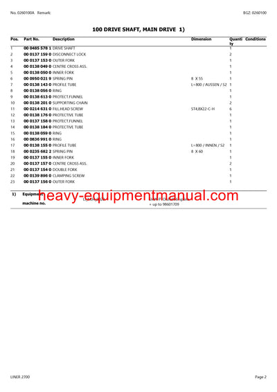 CLAAS LINER 2700 SWATHER PARTS CATALOG MANUAL SN 98601001-98609999