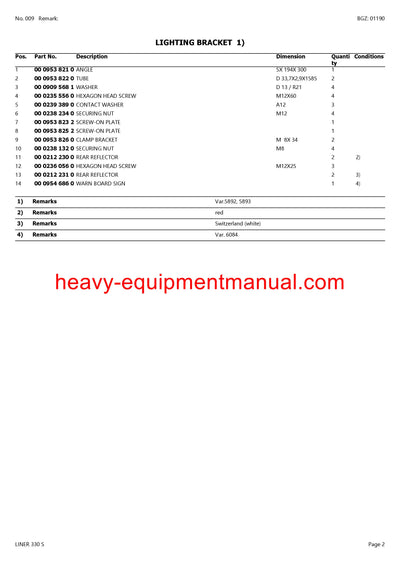 CLAAS LINER 330 S SWATHER PARTS CATALOG MANUAL SN 37001001-37099999