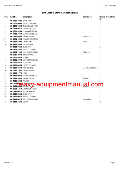 CLAAS LINER 3500 SWATHER PARTS CATALOG MANUAL SN G0401001-G0409999
