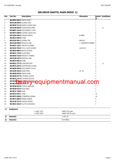 CLAAS LINER 370 370T SWATHER PARTS CATALOG MANUAL SN G1001001-G1009999
