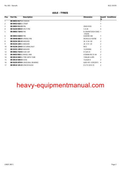 CLAAS LINER 380 S SWATHER PARTS CATALOG MANUAL SN 30901001-30999999