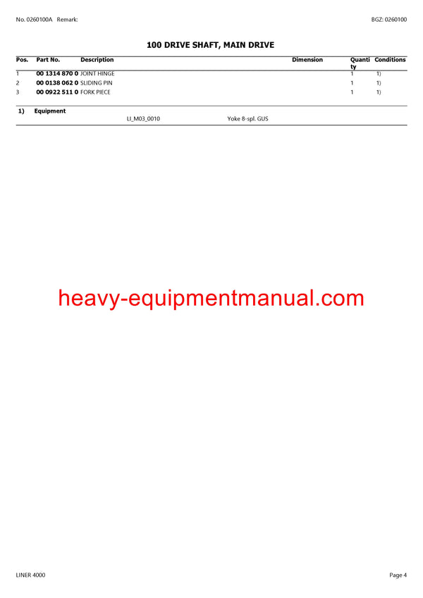 CLAAS LINER 4000 SWATHER PARTS CATALOG MANUAL SN G0501001-G0599999